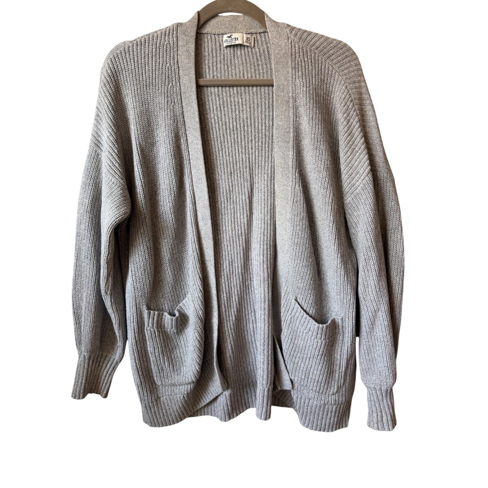 Hollister Grey Ribbed Open Front Cardigan Sweater Womens XS Long Sleeve Pockets‎